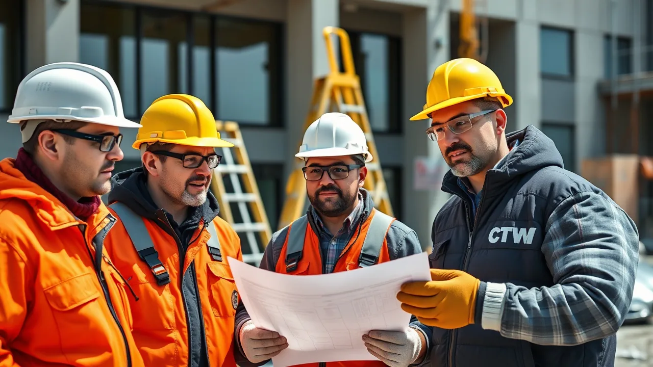Insulation crew reviewing plans together on a commercial construction job site