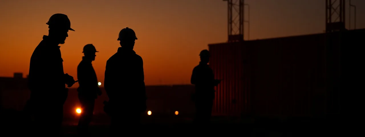 Silhouette of insulation workers on a job site at dusk