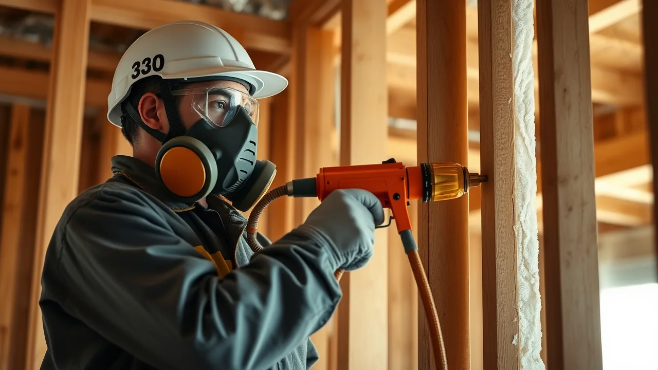 Insulation installer in full PPE applying spray foam insulation between wall studs on a residential construction site