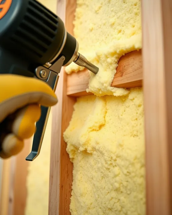 Close up view of a gloved installer applying spray foam insulation between wall studs