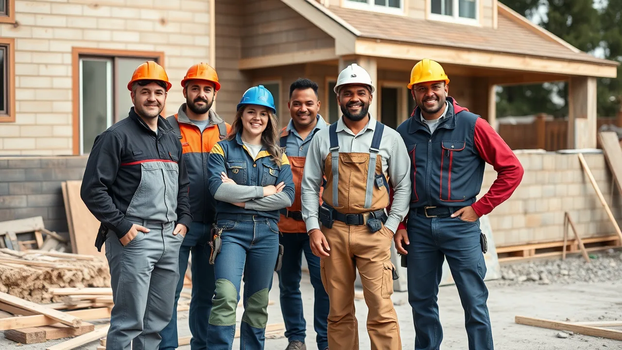 Diverse group of insulation professionals standing together on a job site